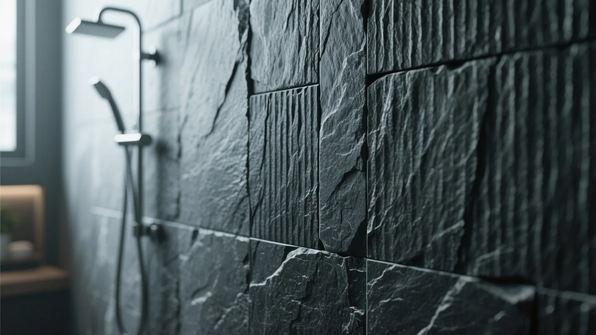 Dark grey textured stone wall tiles inside a modern bathroom shower with silver metal shower