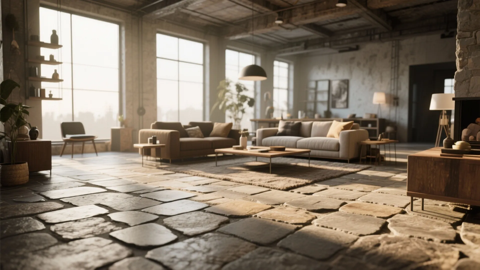 Loft-style living room with textured stone tile flooring