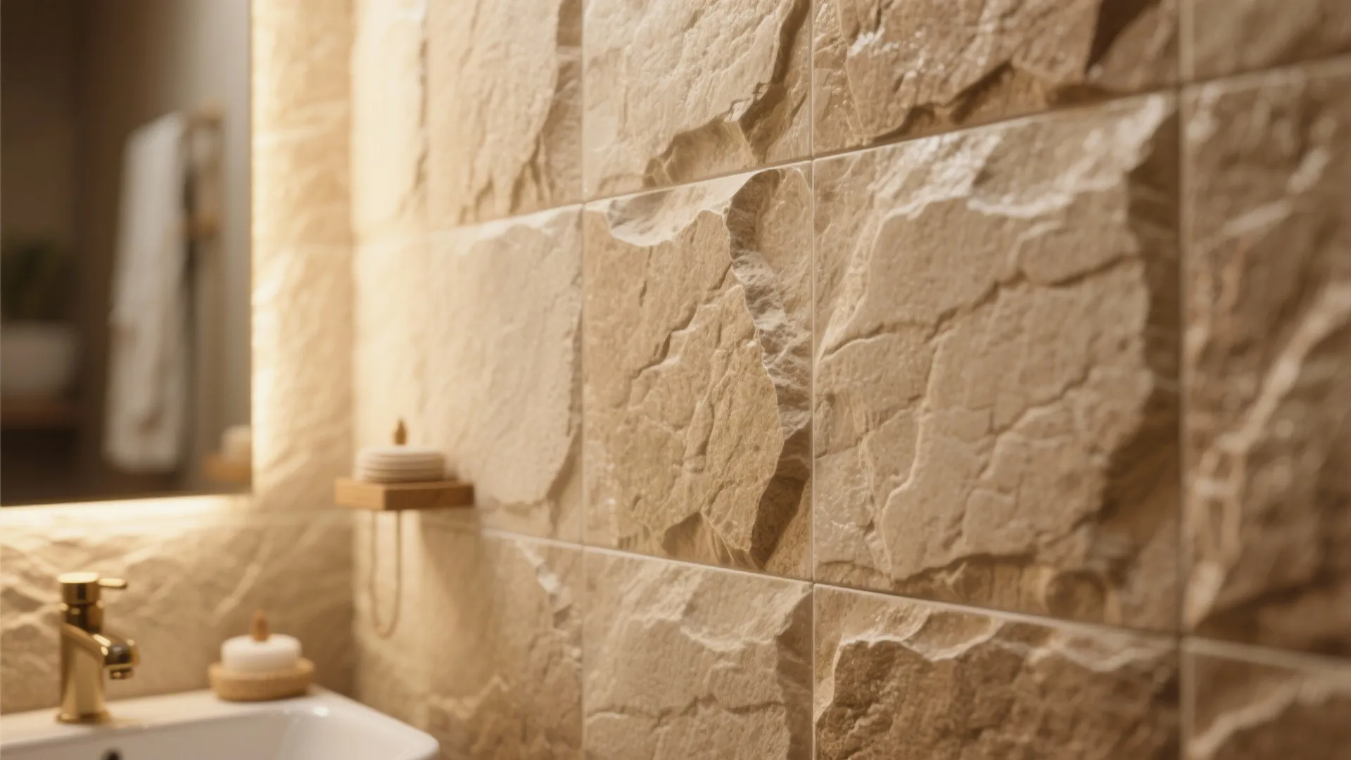 Modern bathroom with textured beige stone wall tiles and gold water tap on white sink