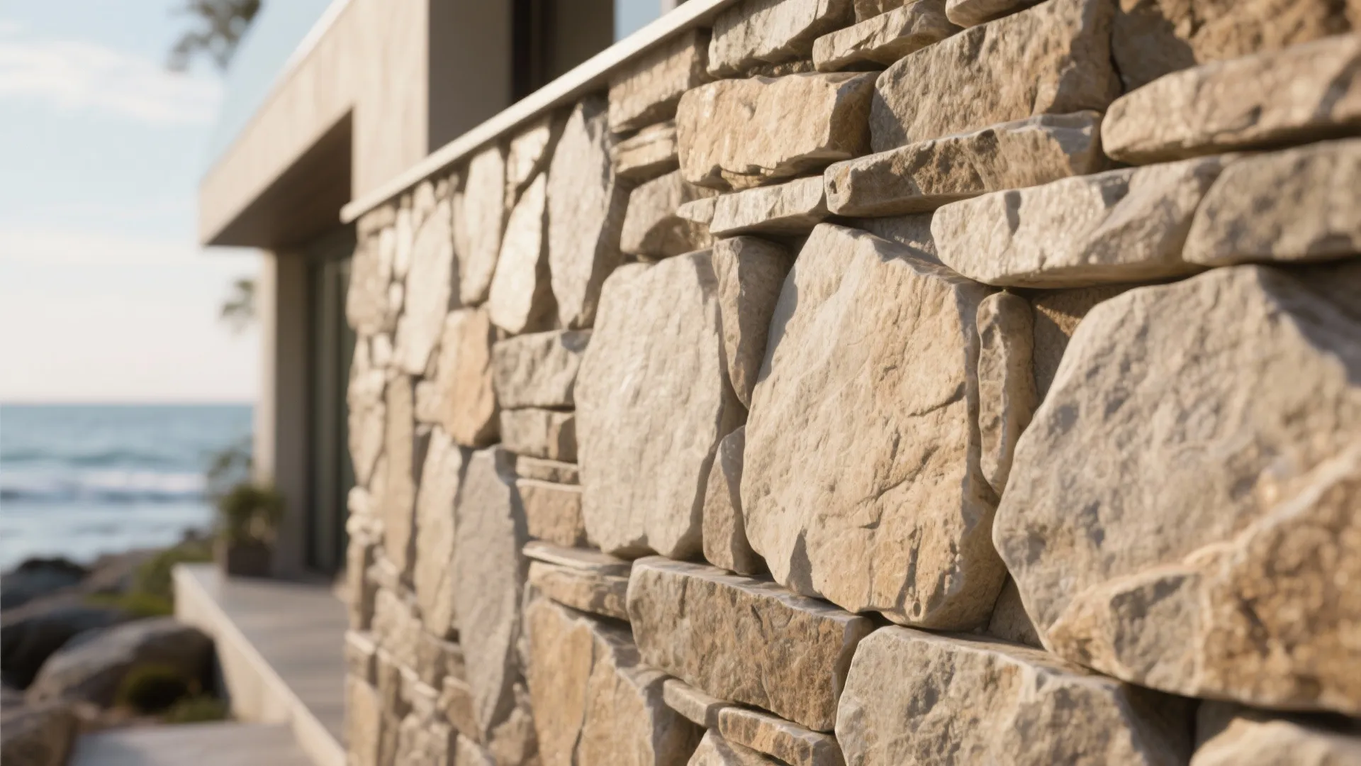 Natural light brown stone wall texture on modern house exterior with calm blue sea background