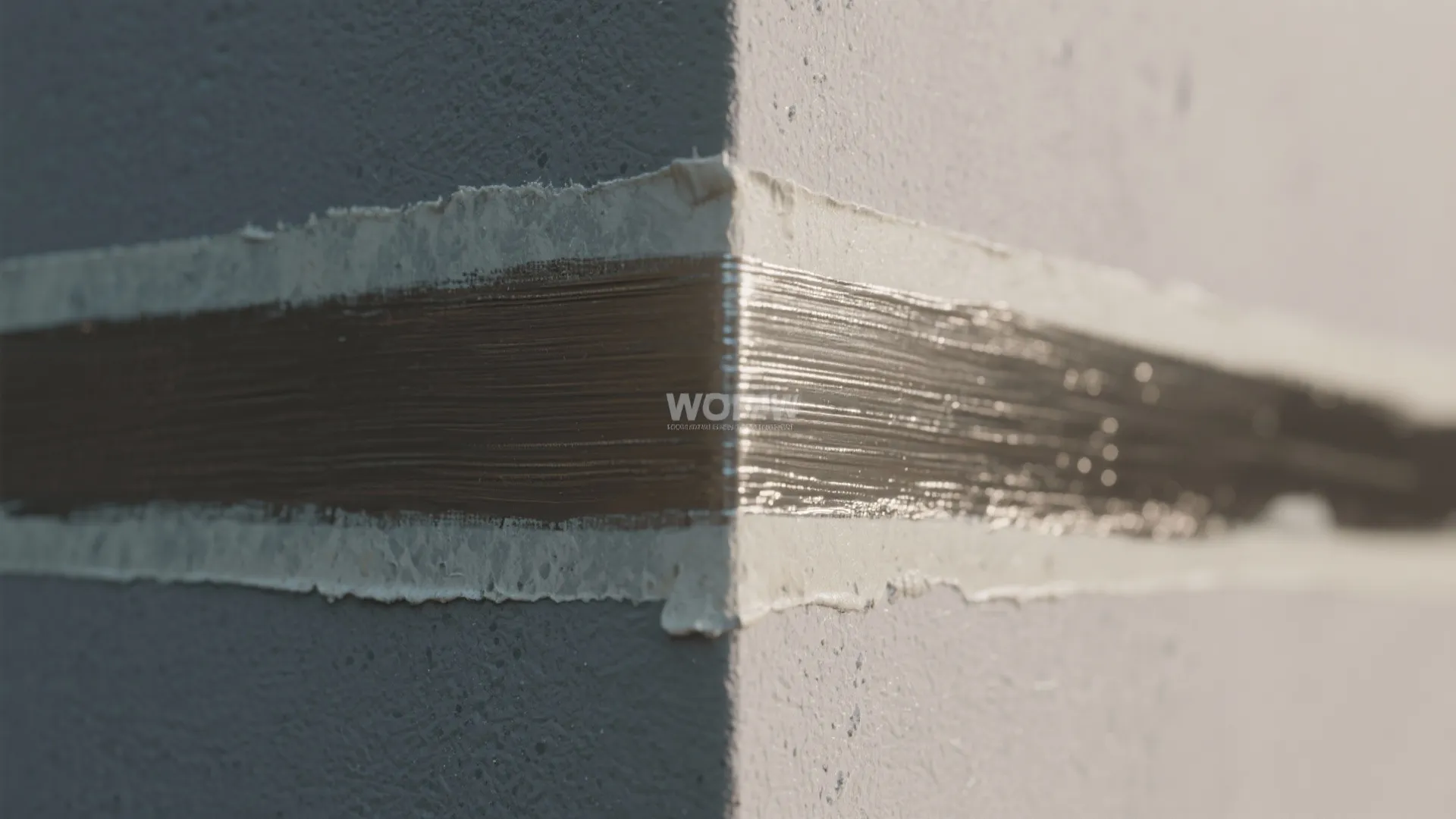 Close up of textured paint stripe on a grey corner wall showing rough and thick finish