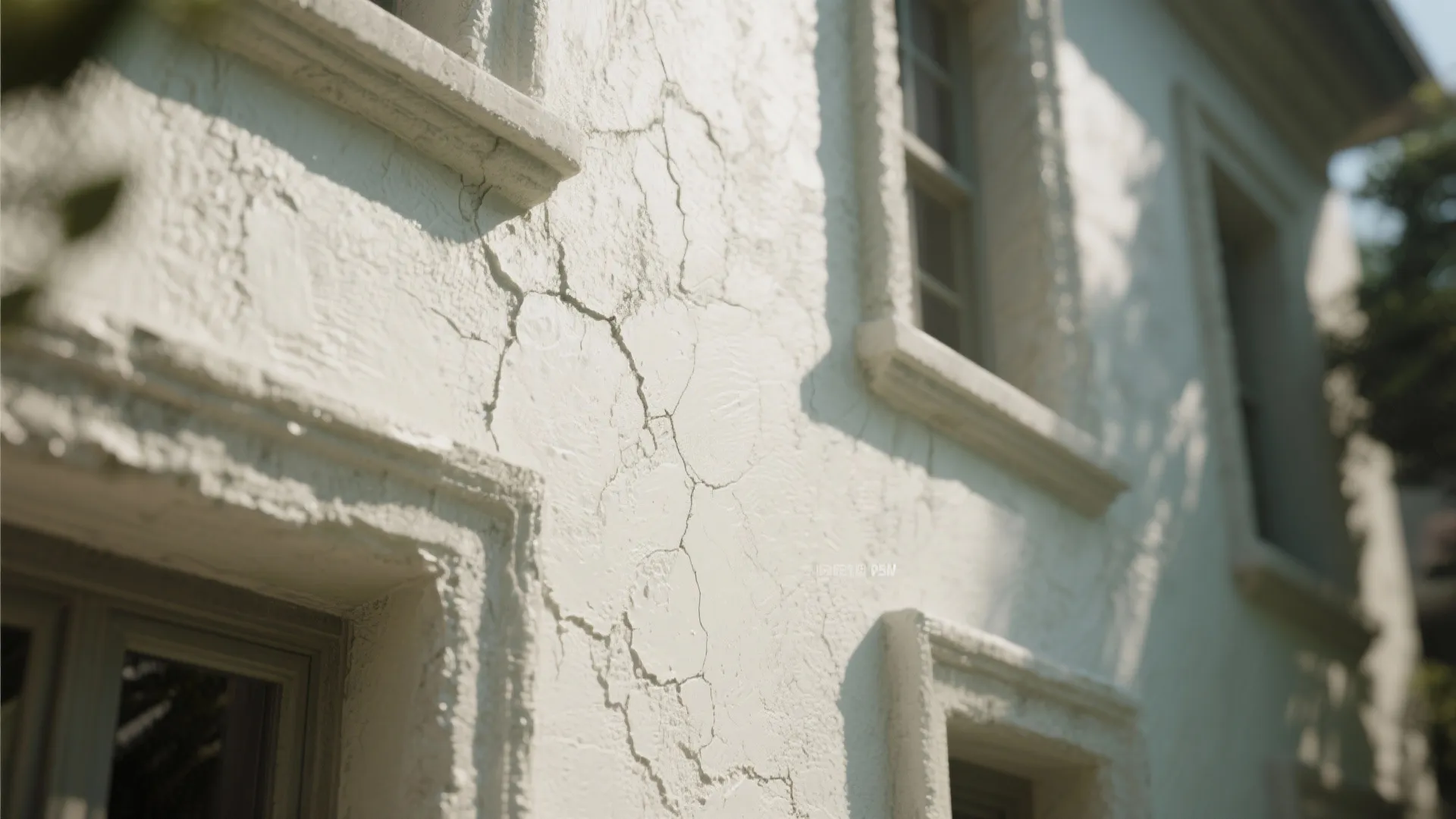 Macro detail of textured stucco finish masking hairline cracks on an exterior wall.