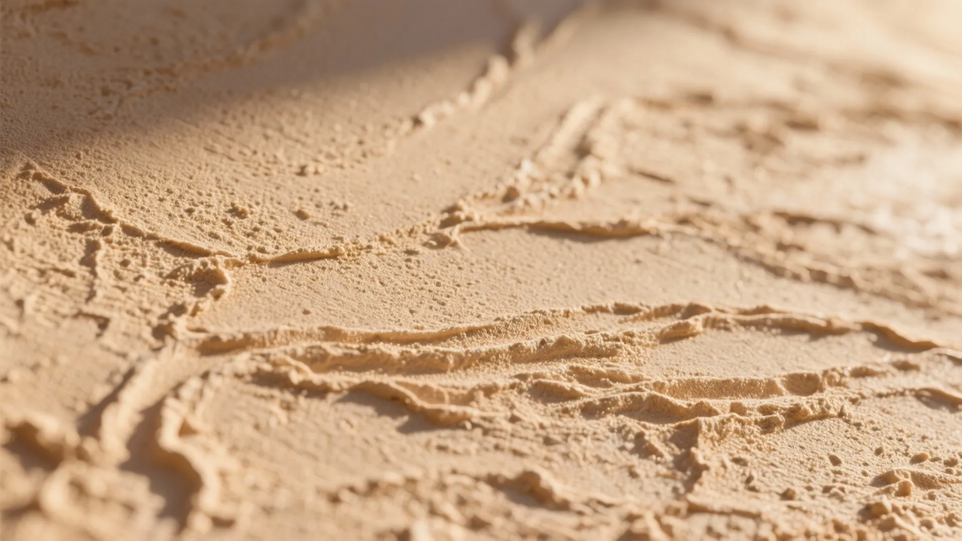 Close up view of rough textured beige wall plaster showing natural wavy patterns and shadows