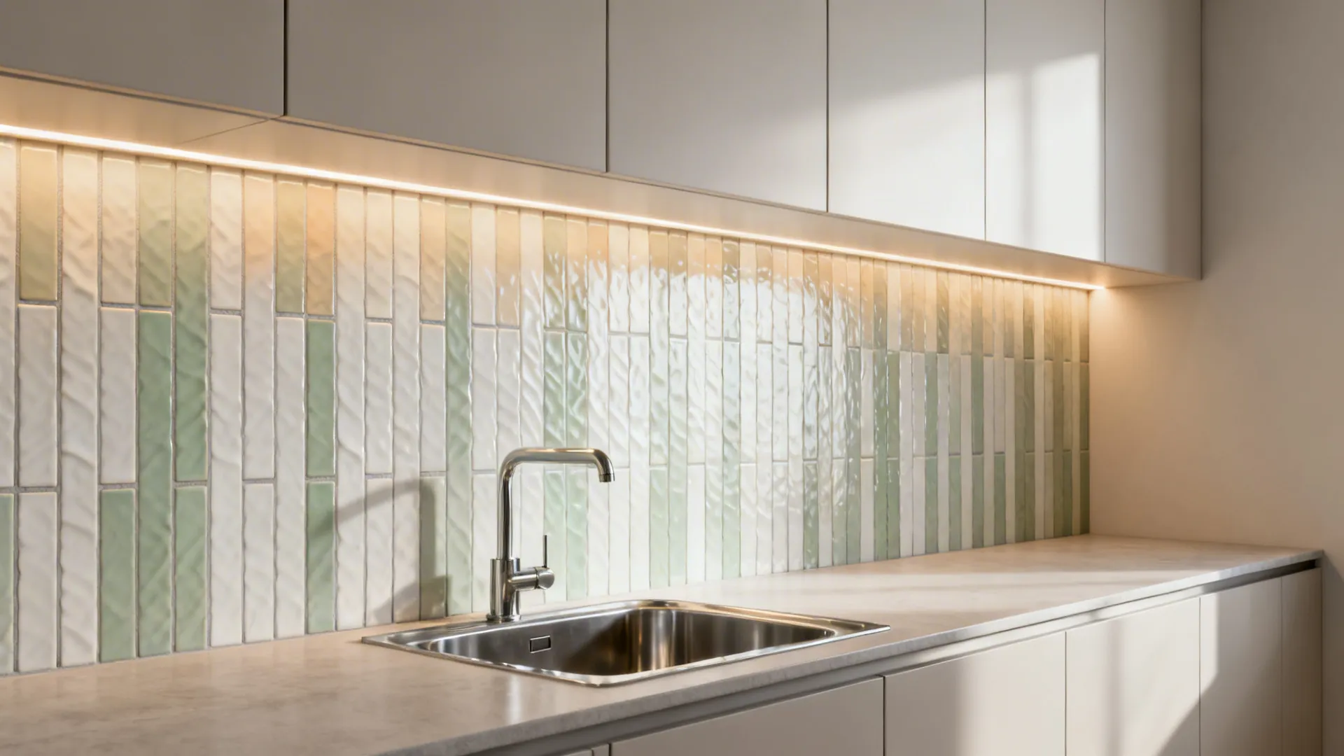 Modern kitchen sink with white cabinets green textured wall tiles stone countertop and warm lighting