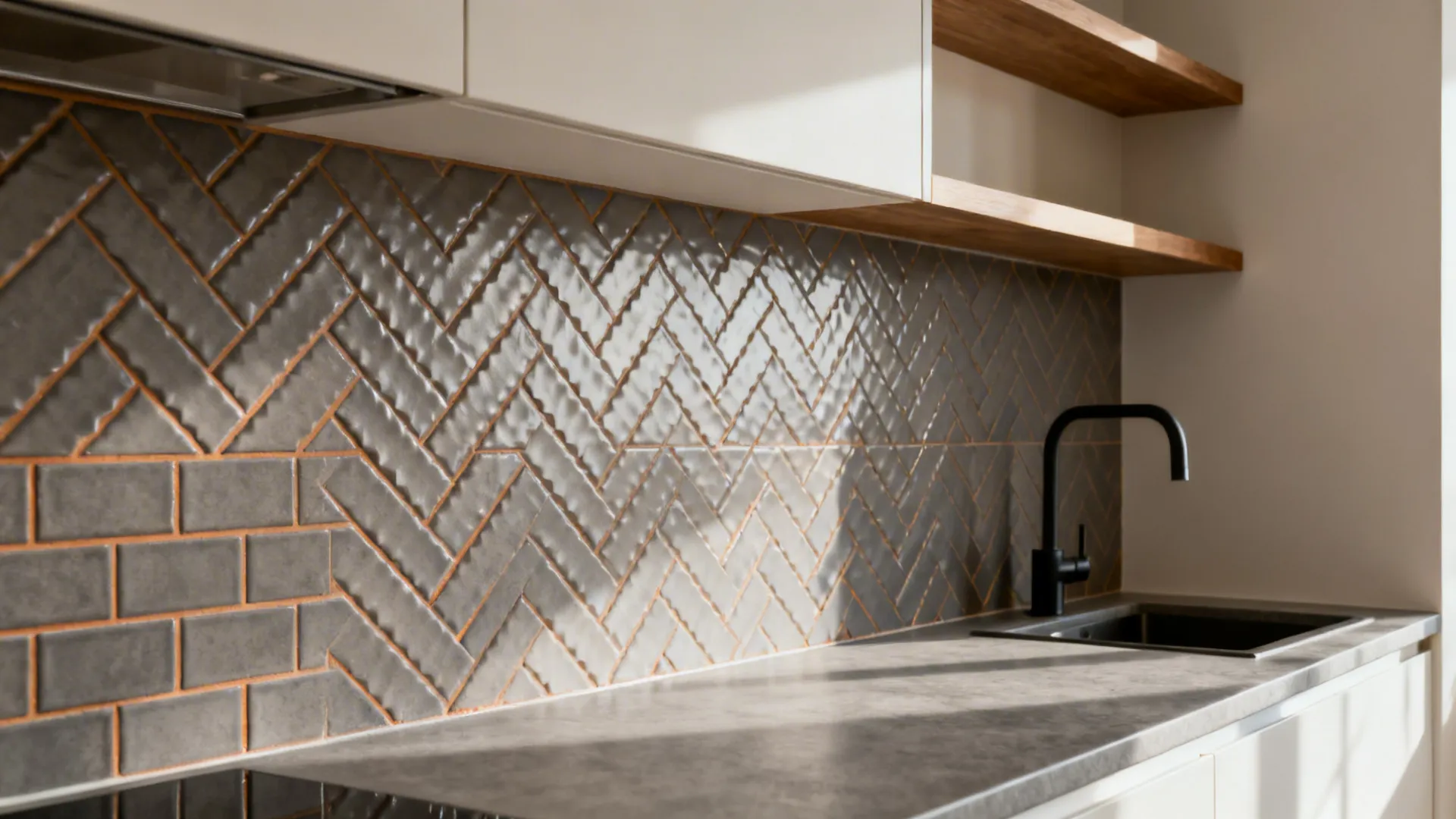 Modern kitchen featuring grey herringbone wall tiles black sink faucet stone countertop and white wall cabinets