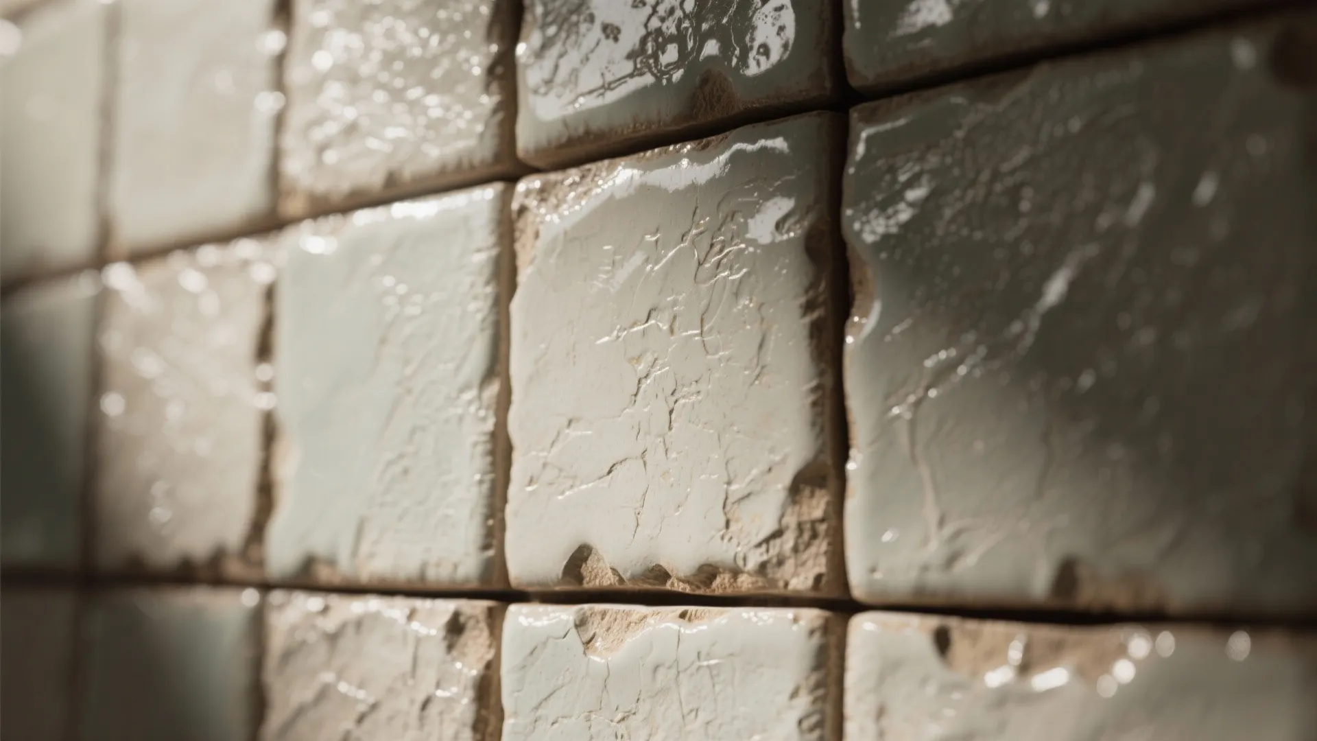 Close up of light green glossy wall tiles with textured surface and natural soft light