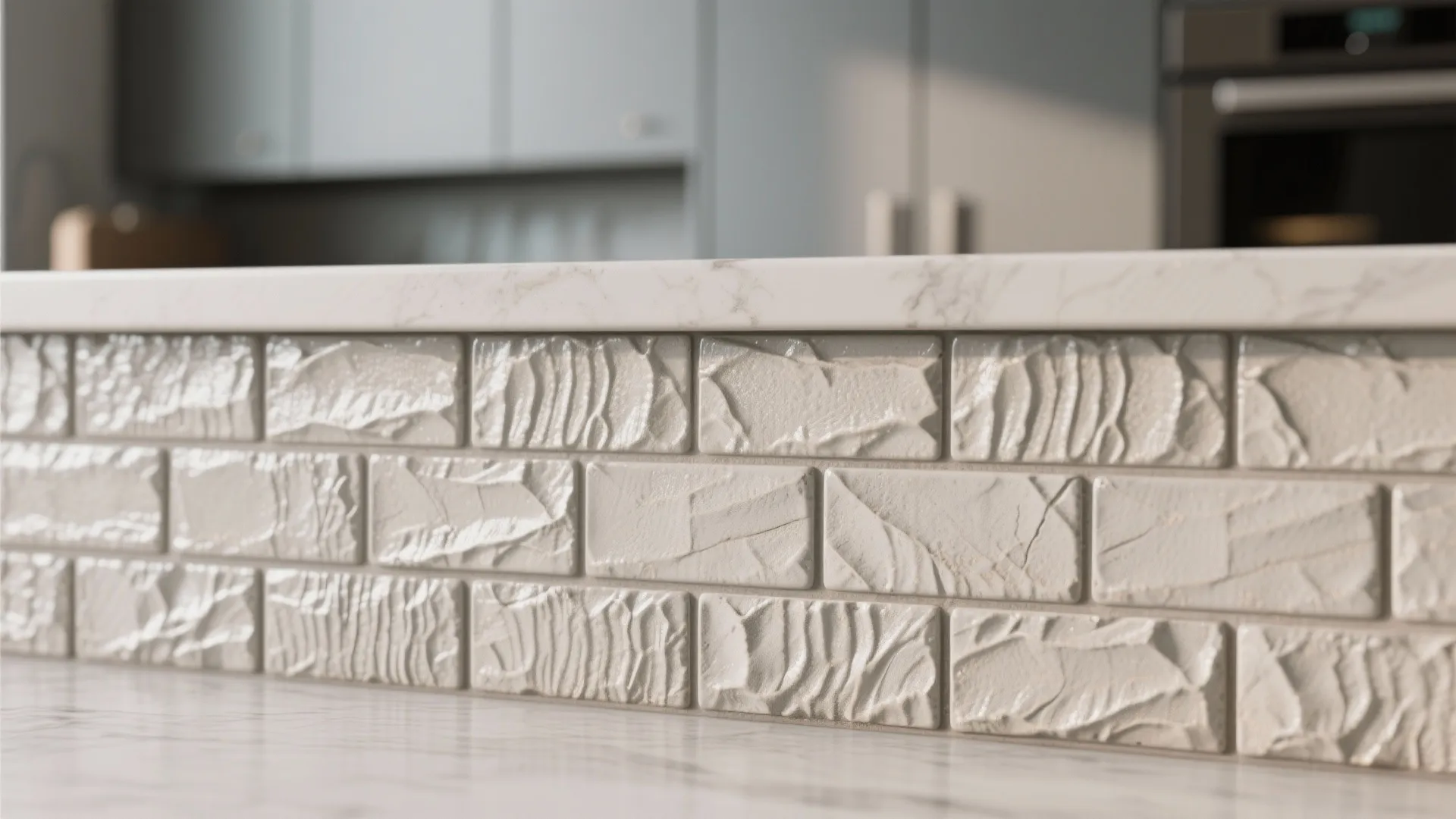 Modern kitchen with white textured wall tiles below a marble countertop and grey kitchen cabinet