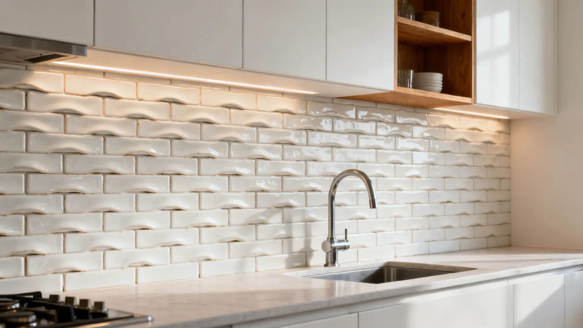 Vertical stacked handmade-look subway tile backsplash with soft glaze and oak accents.