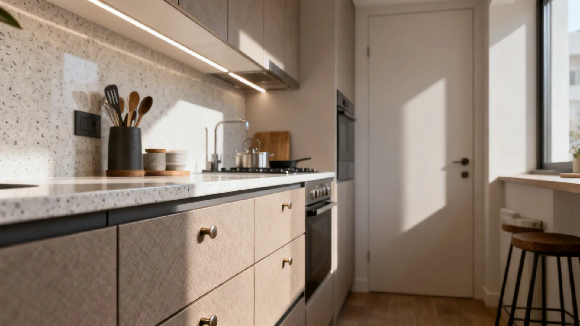 Compact condo kitchen with lightly textured sunmica drawers and smooth countertops under CRI 90+ LEDs.
