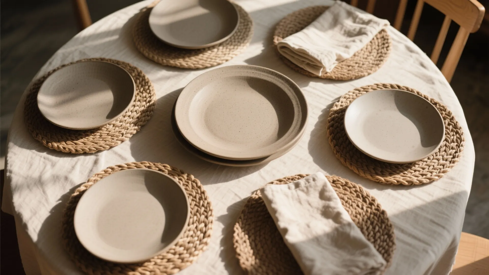 Textured plates, placemats, and napkins on a round table