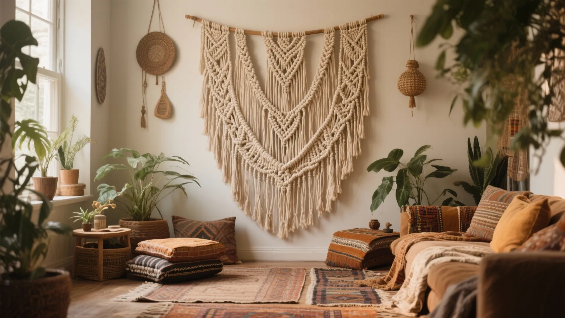 Large macramé wall tapestry in a boho living room