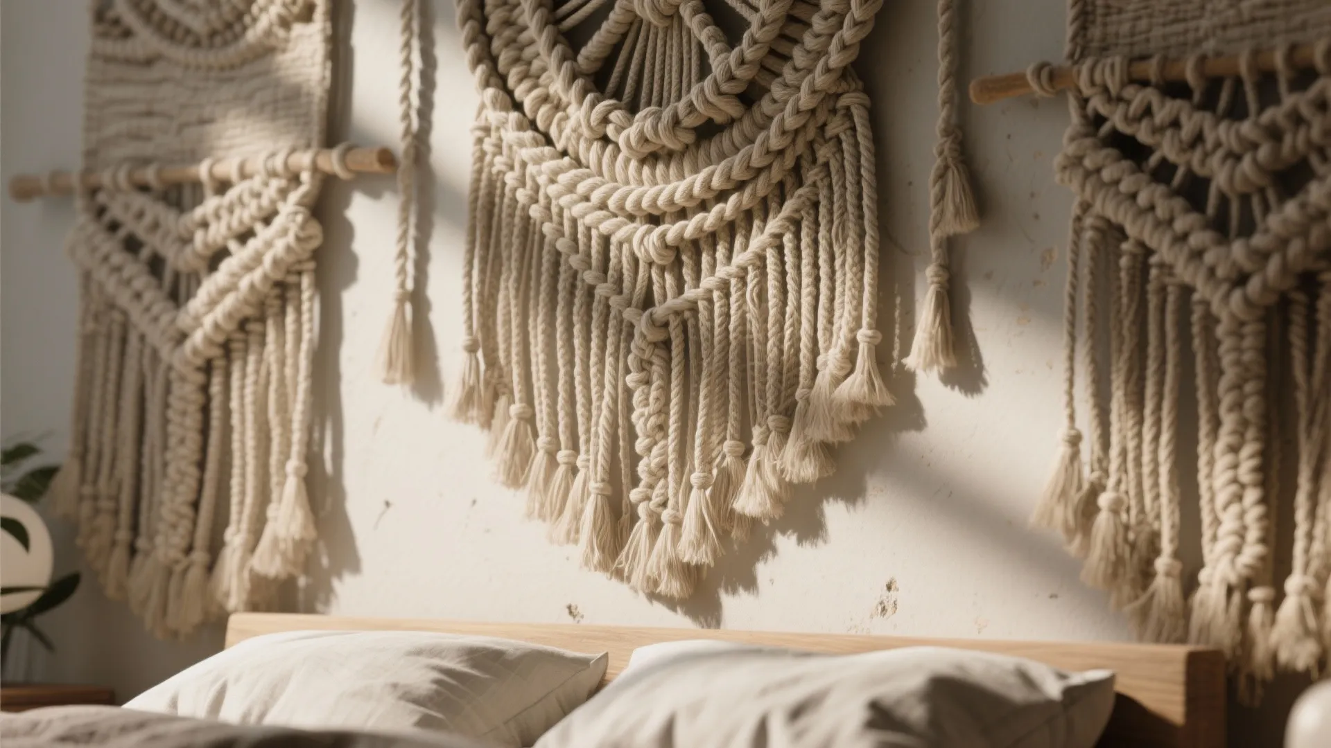 Handwoven rope wall decorations hanging on white wall above a wooden bed with white pillows