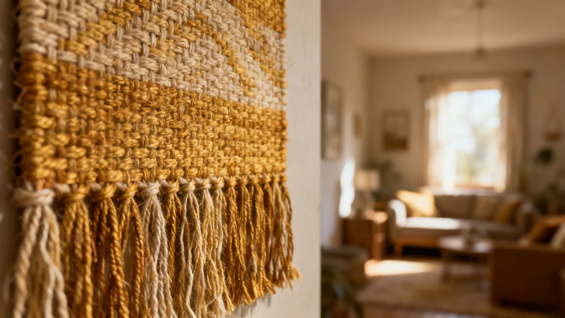 Close-up of a handwoven textile wall hanging showing fibers and natural dye variations.