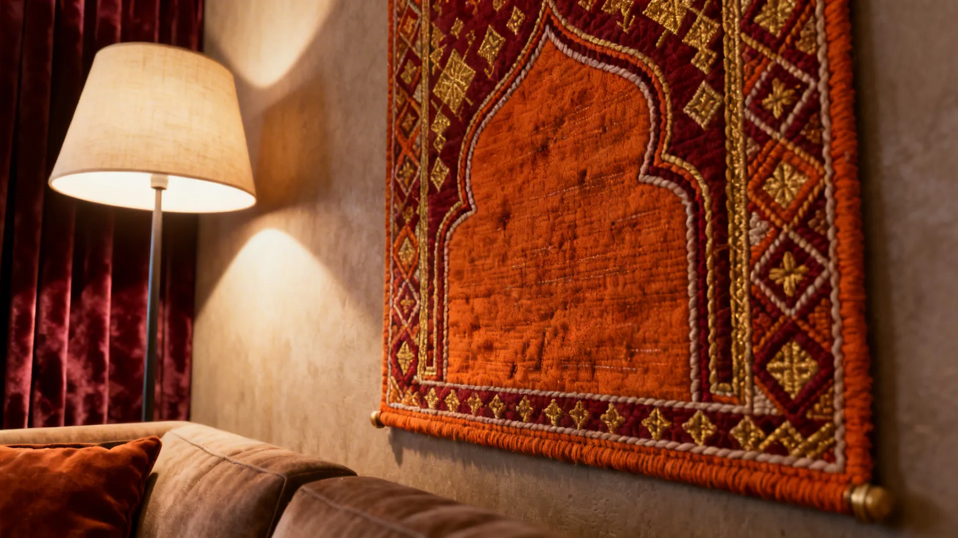 Close-up of an embroidered mihrab-inspired tapestry showing weave and texture