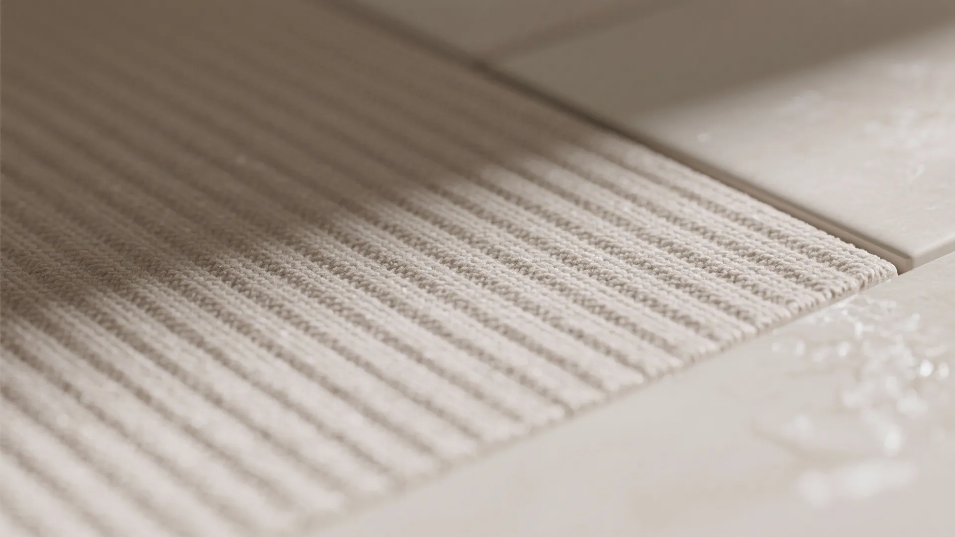 Macro detail of soft taupe ribbed porcelain tile with subtle light-play and color-matched grout.