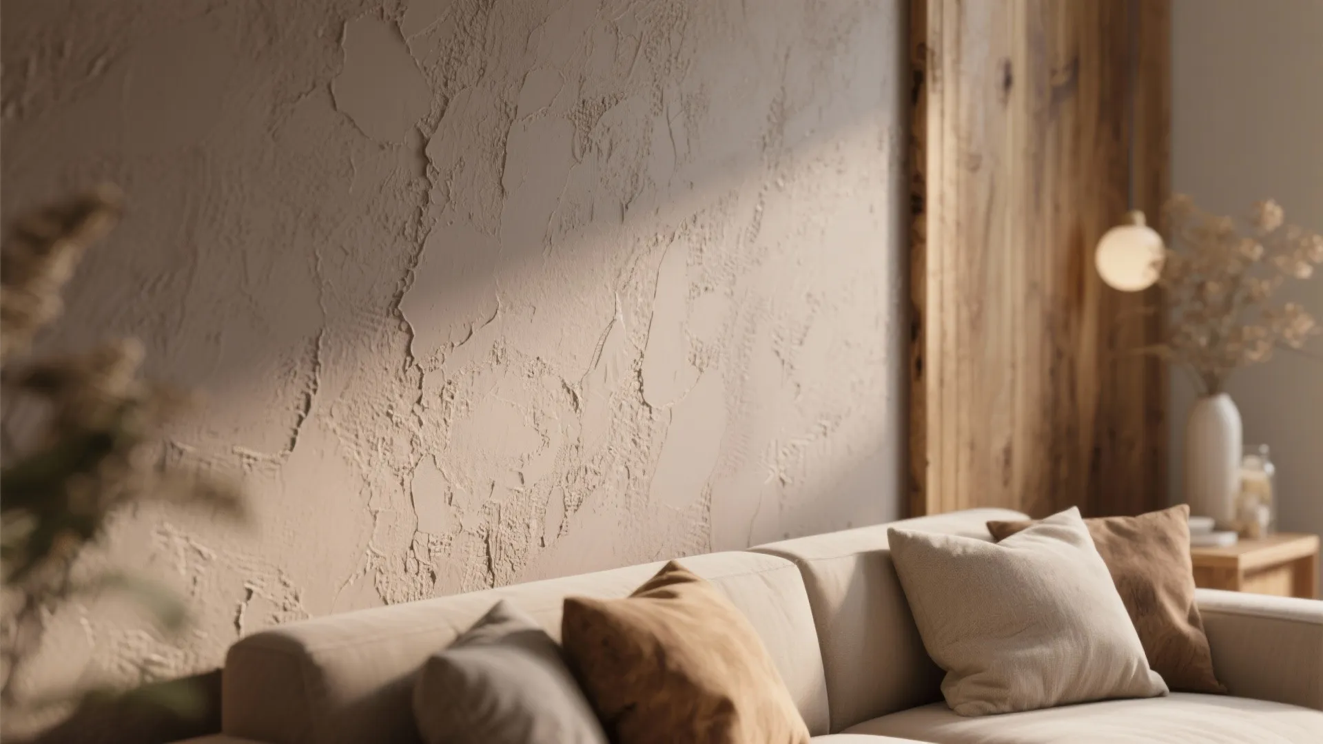 Close up view of textured taupe wall behind a beige sofa with brown decorative pillows