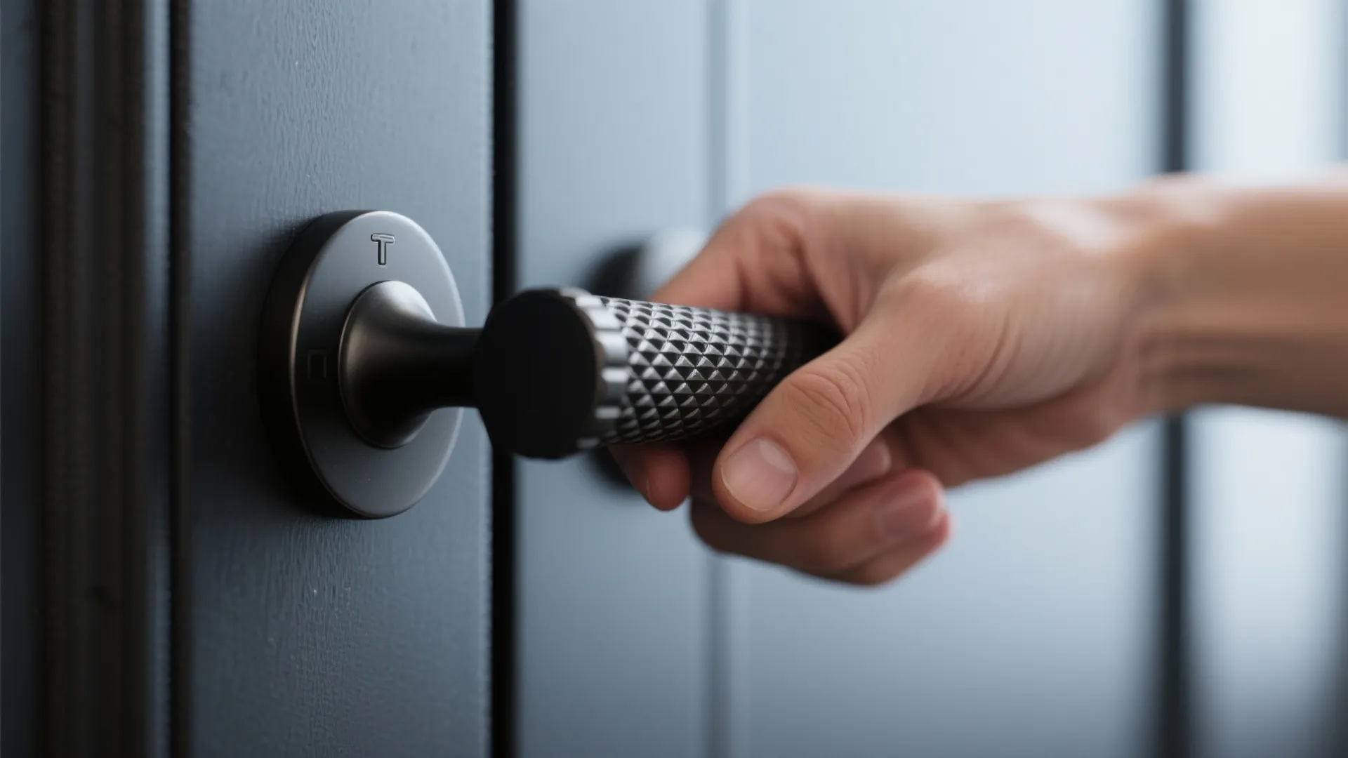 Textured black t-bar pull with knurled grip shown in close-up with a hand demonstrating ergonomics.