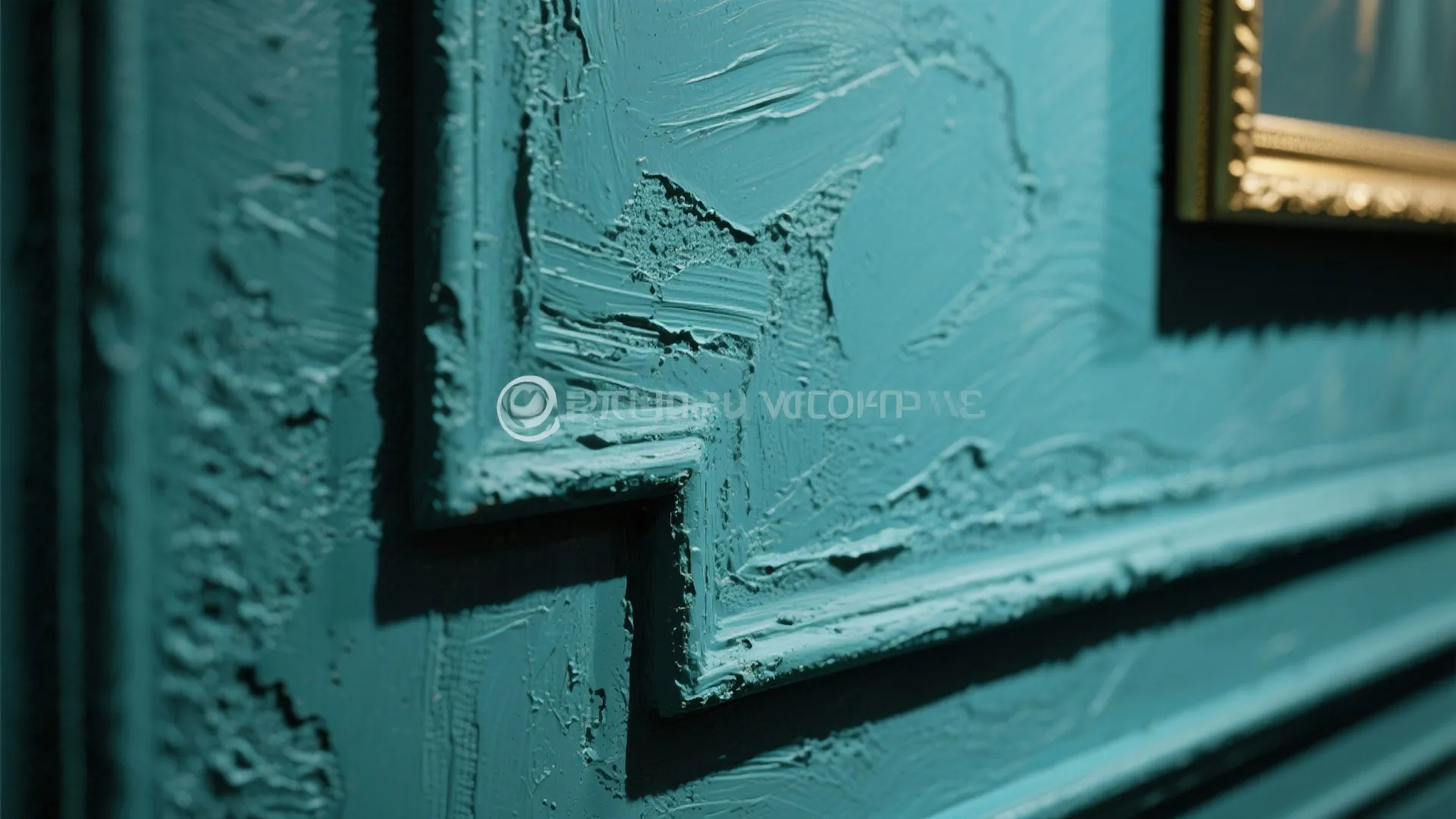 Close up shot of a textured teal wall panel with rough paint details and natural lighting
