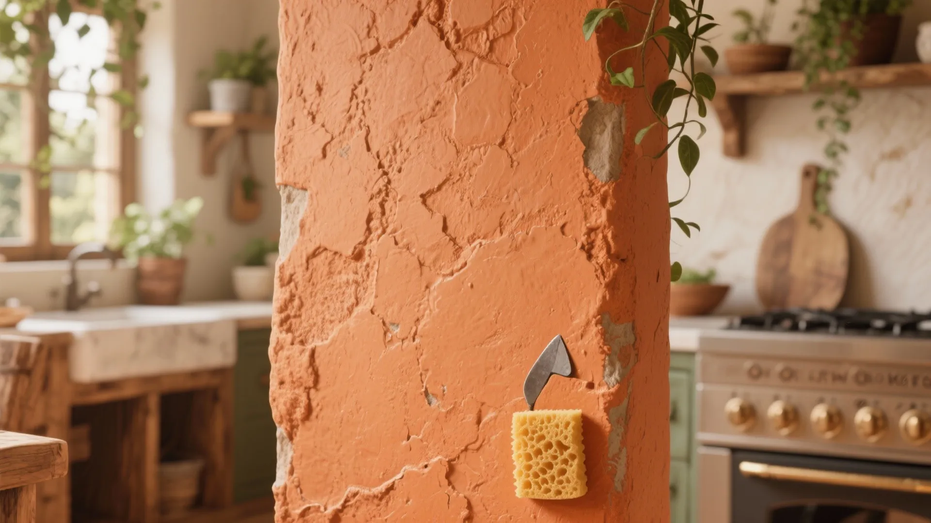 Close-up of a textured terracotta orange wall with Mediterranean style