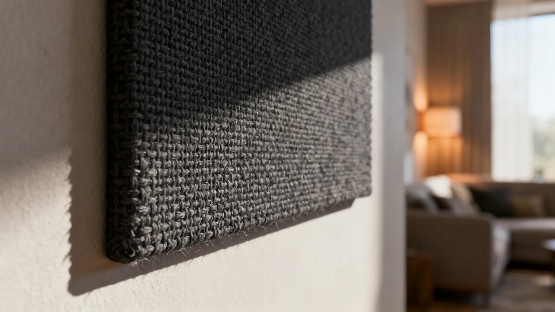 Charcoal woven wall art mounted slightly off the wall, showing texture and subtle shadow line.