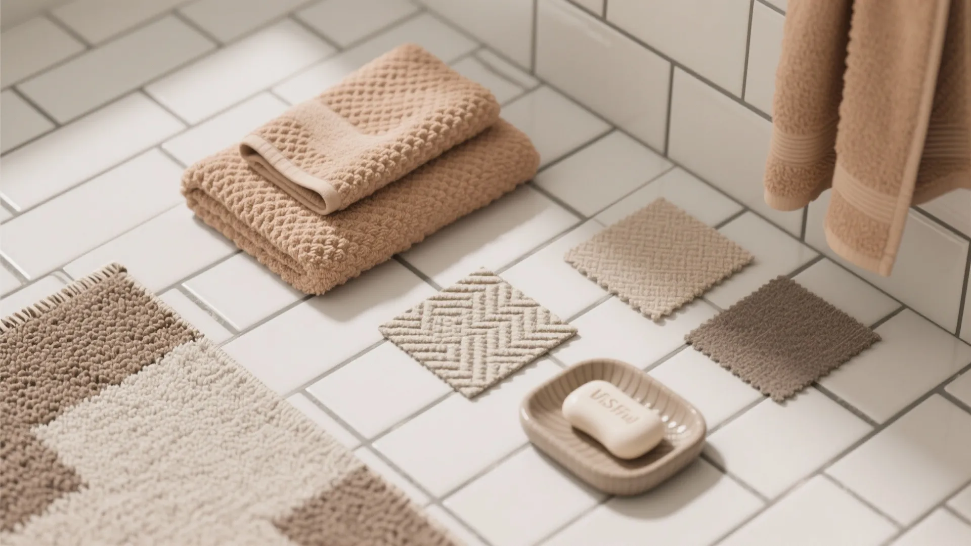 Bathroom floor with white tiles, folded beige towels, patterned fabric samples, and soap in dish