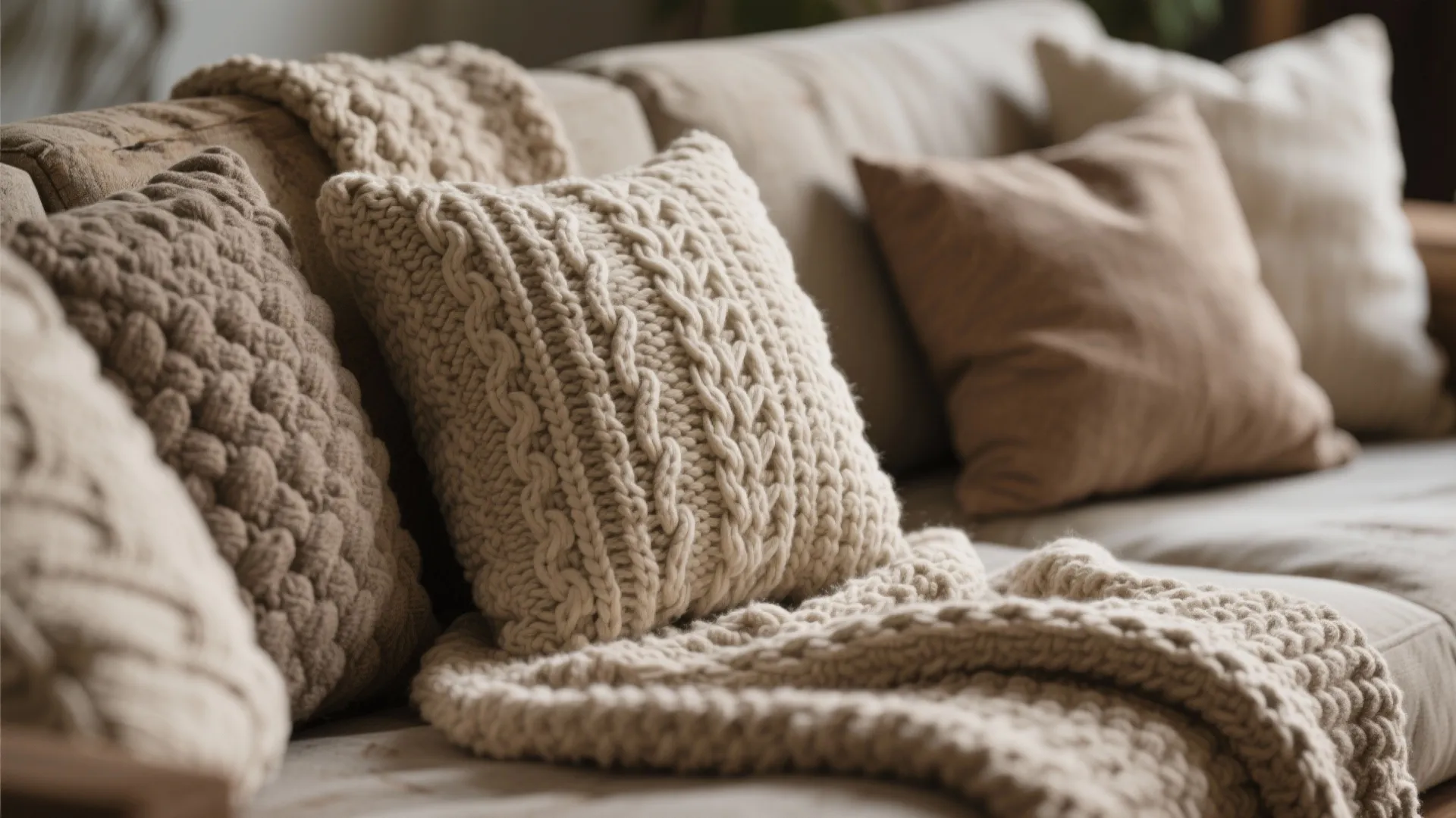 Close up of beige knitted pillows and soft blankets on a comfortable sofa for home