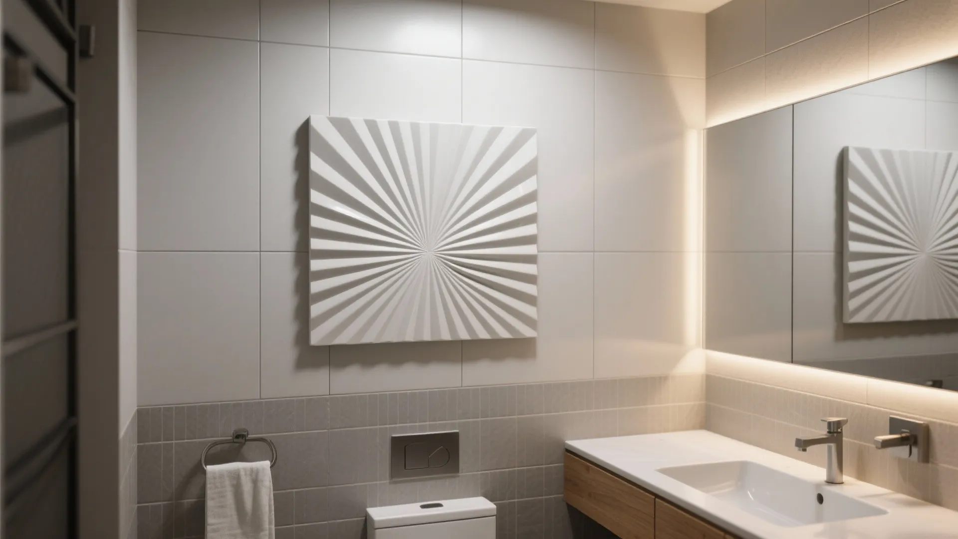 Modern bathroom with grey wall tiles a white square art piece sink and large mirror