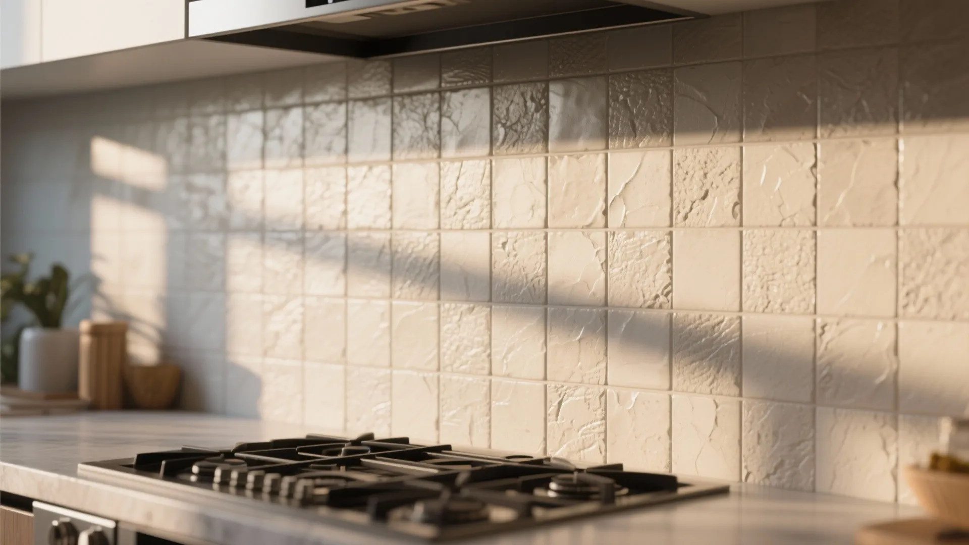 Kitchen stove area with white textured square wall tiles under warm sunlight and a black cooktop