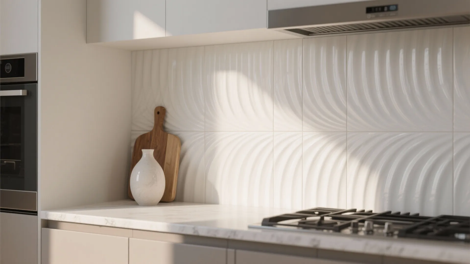 Kitchen counter featuring white wavy textured tiles, wooden cutting board, small vase, and gas stove