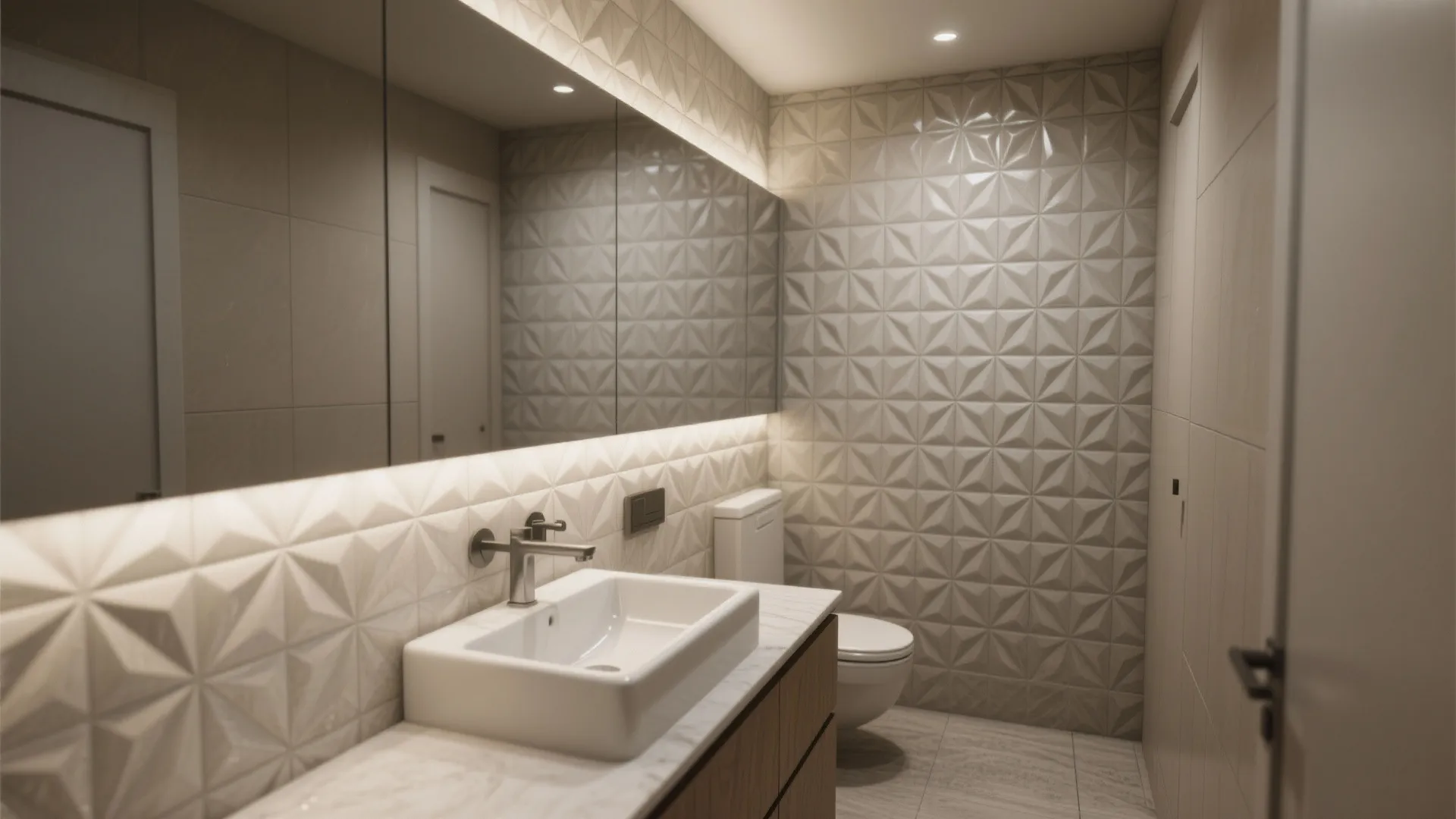 Geometric textured tile accent wall behind a wash basin