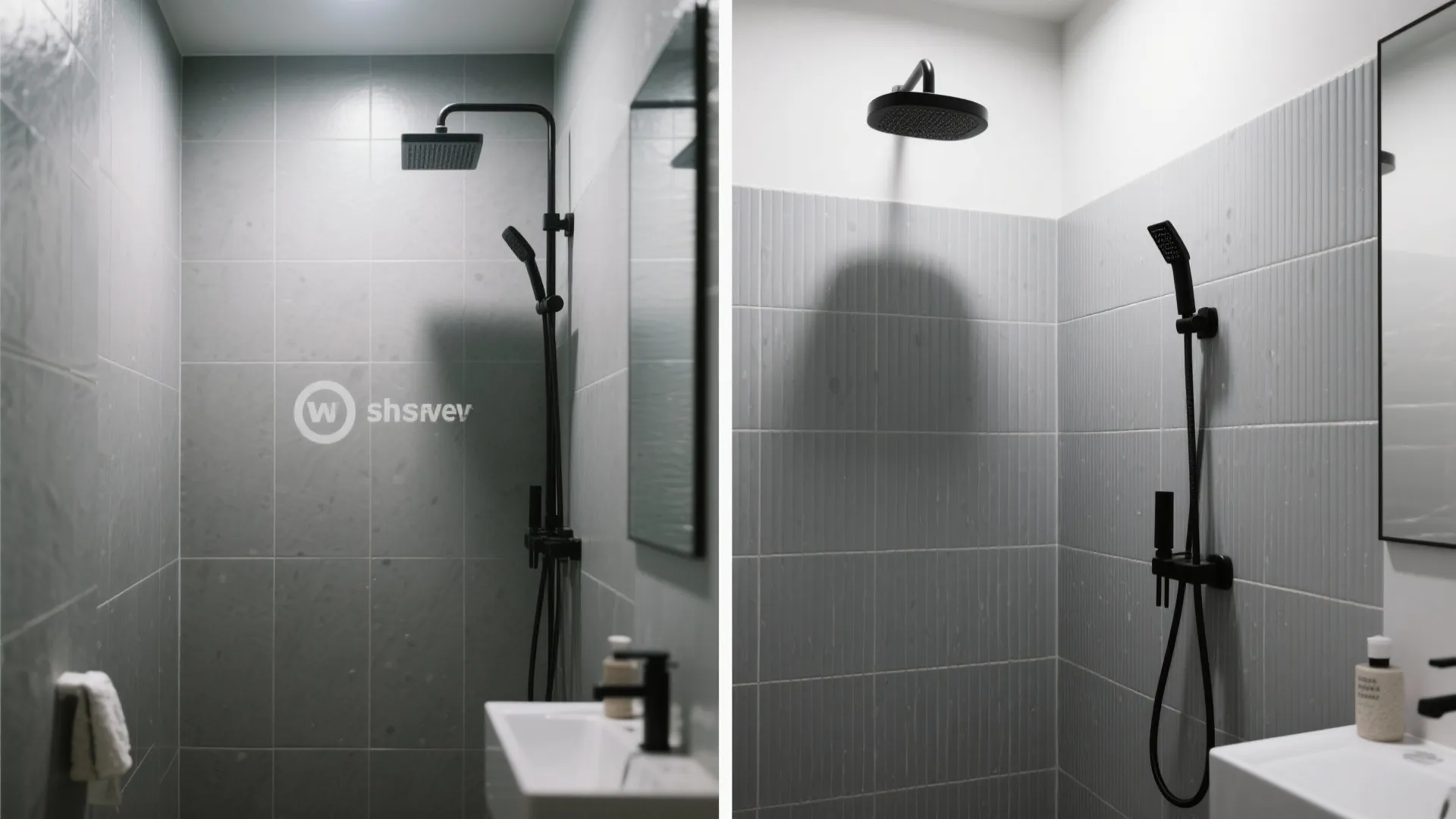 Before and after comparison of square grey wall tiles versus thin vertical grey wall tiles