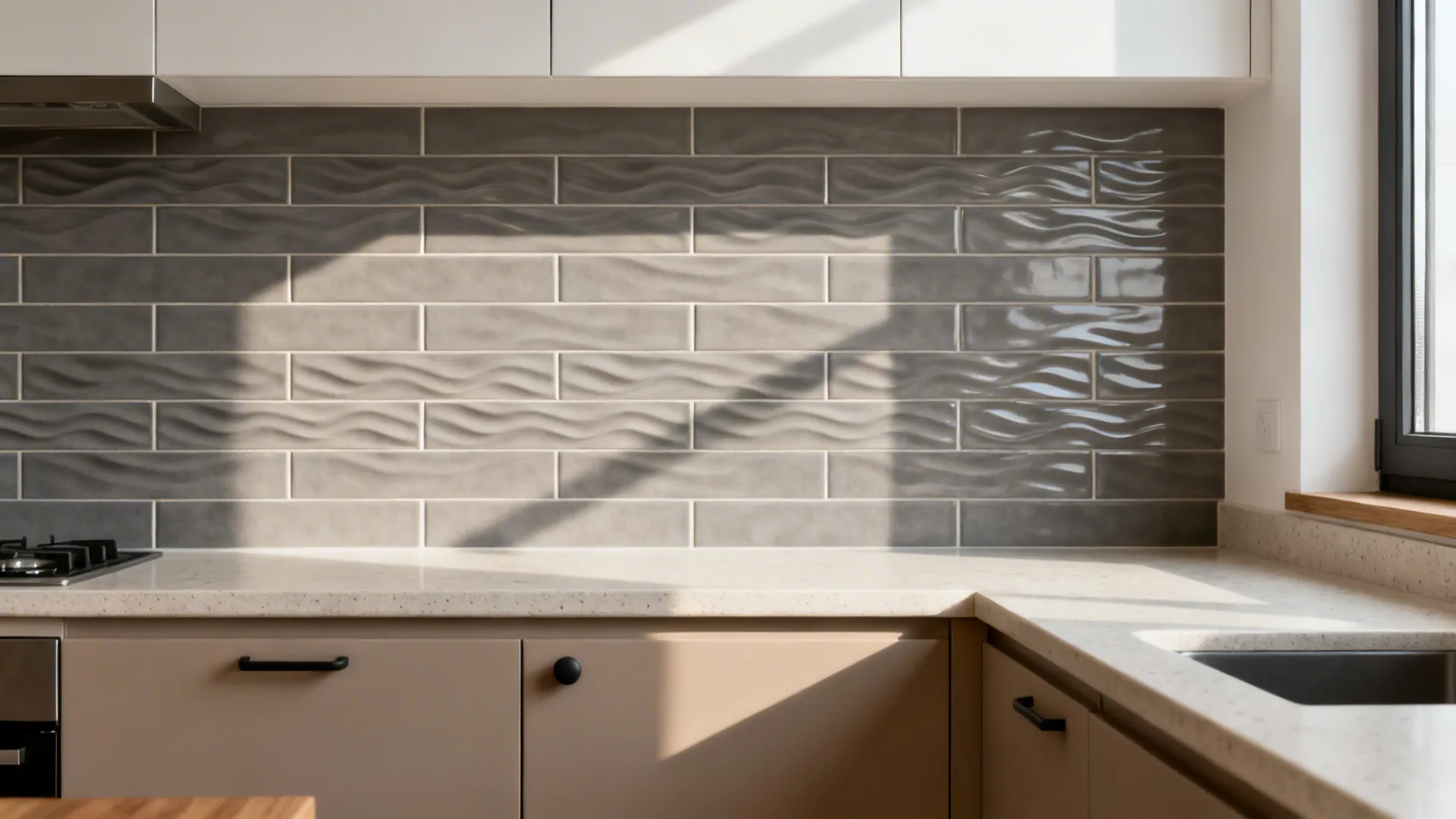 Warm gray ripple-textured backsplash in a micro-loft kitchen creating subtle depth with soft daylight.