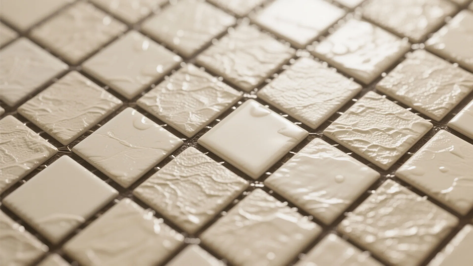 Close-up of cream textured tiles with slightly darker offset grout showing tactile surface and grout finish.