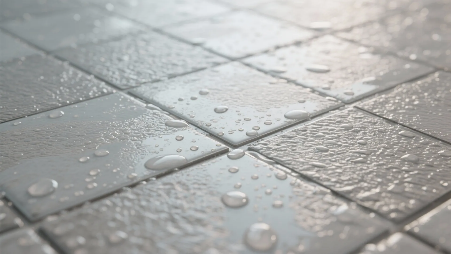 Close up view of grey textured floor tiles covered in water droplets with bright light