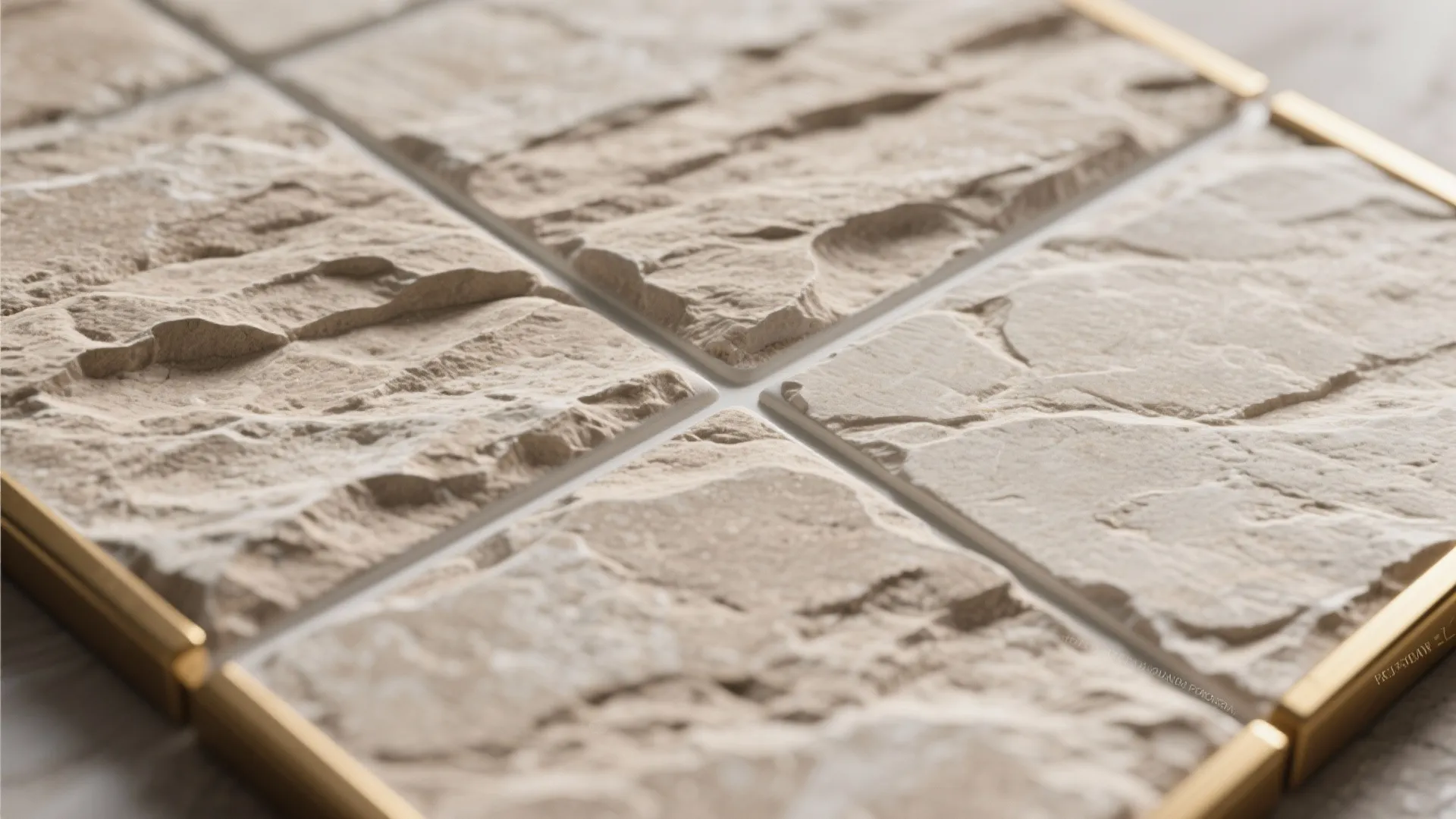 Macro detail of textured limestone-effect porcelain with thin, tone-matched grout.