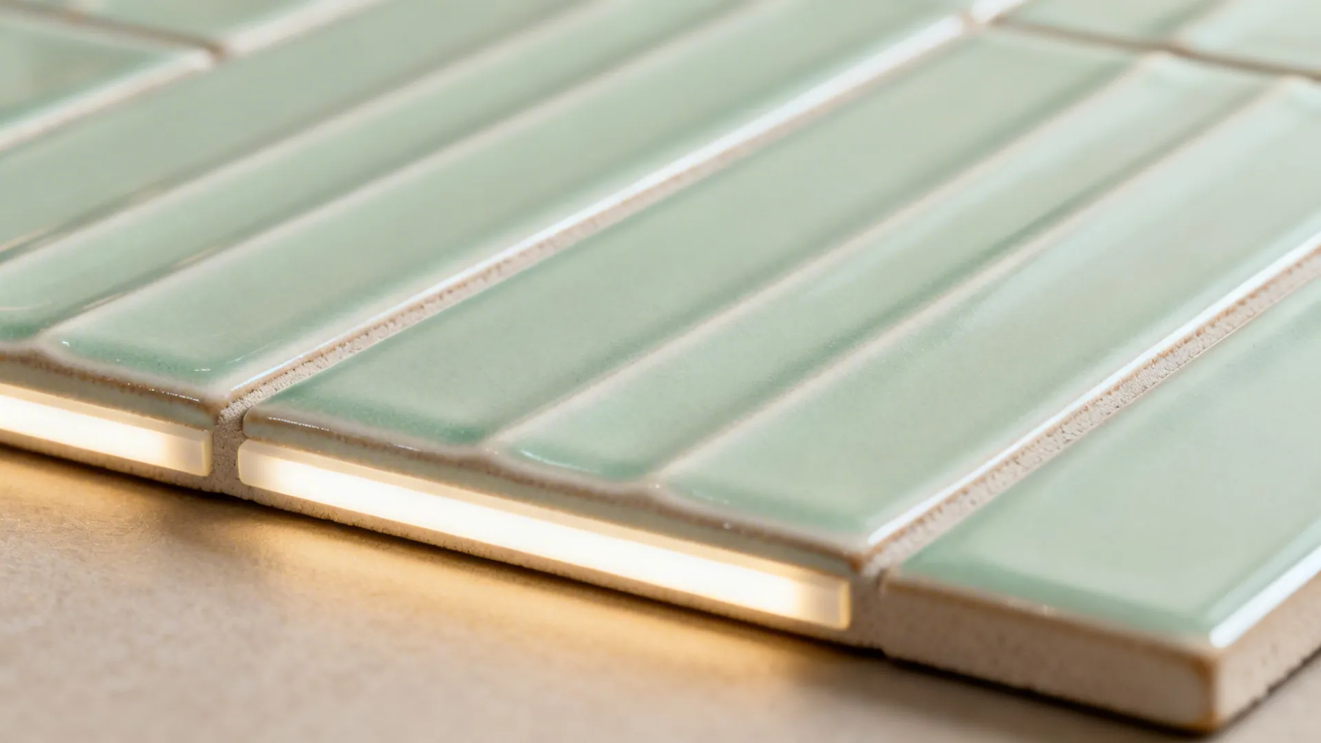 Macro of pale sage satin tile with gentle ribbing and matched grout.