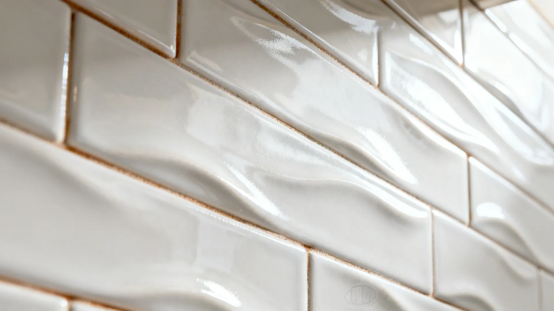 Macro detail of wavy white ceramic tile with warm grout and soft highlights