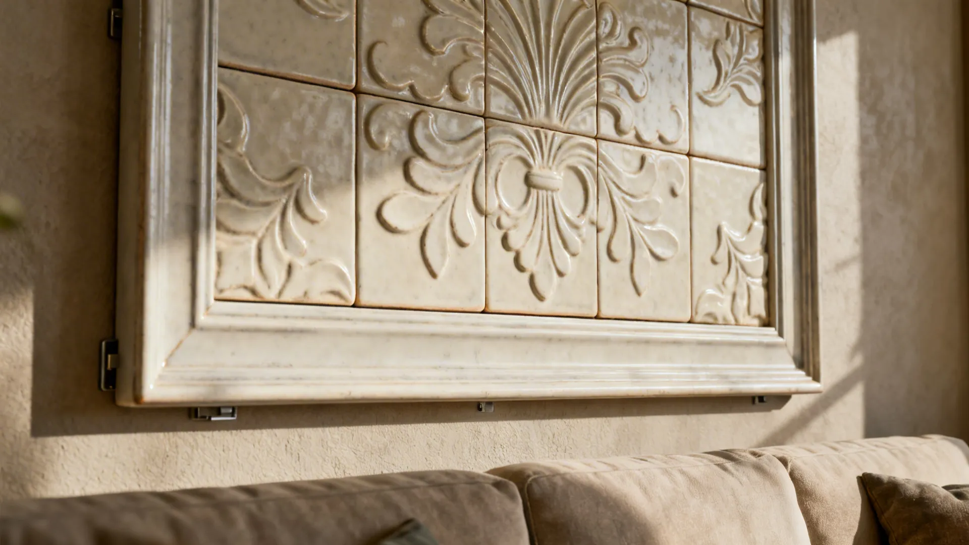 Close-up of a framed textured porcelain tile panel used as wall art above a sofa.