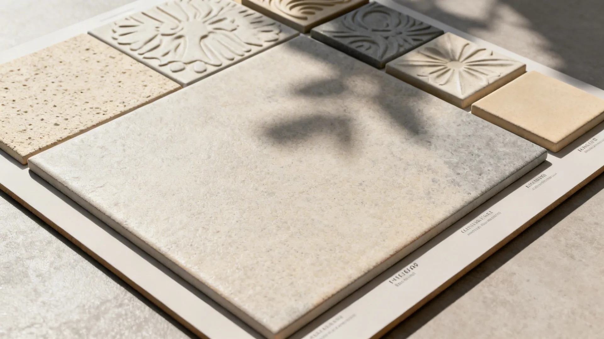 Flatlay of textured neutral tile samples showing relief patterns and tactile shadows for backsplash selection.