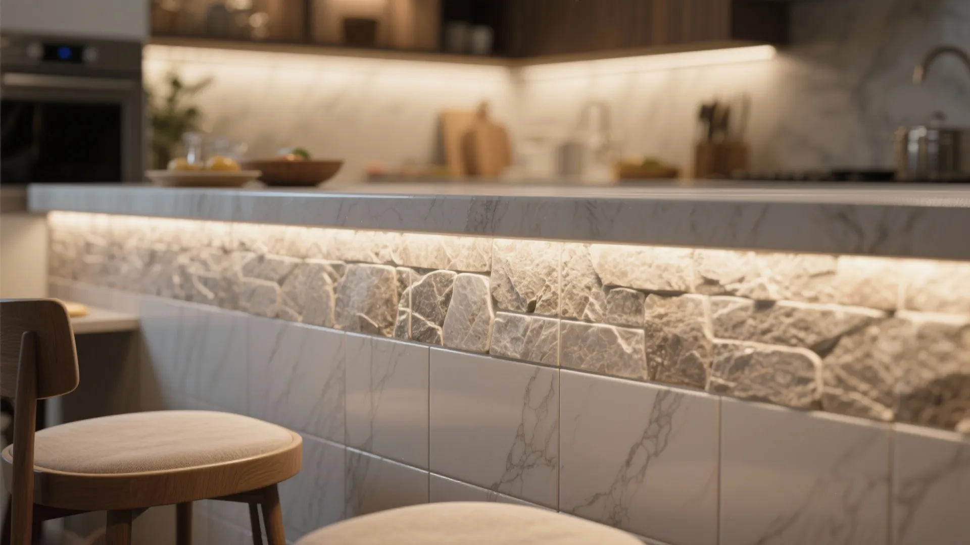Modern kitchen island with marble countertop and a decorative stone tile strip under warm lighting