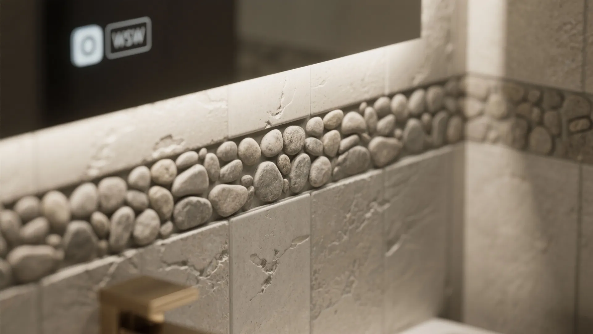Bathroom wall tiles with decorative small stone pebble border and a lighted mirror above them