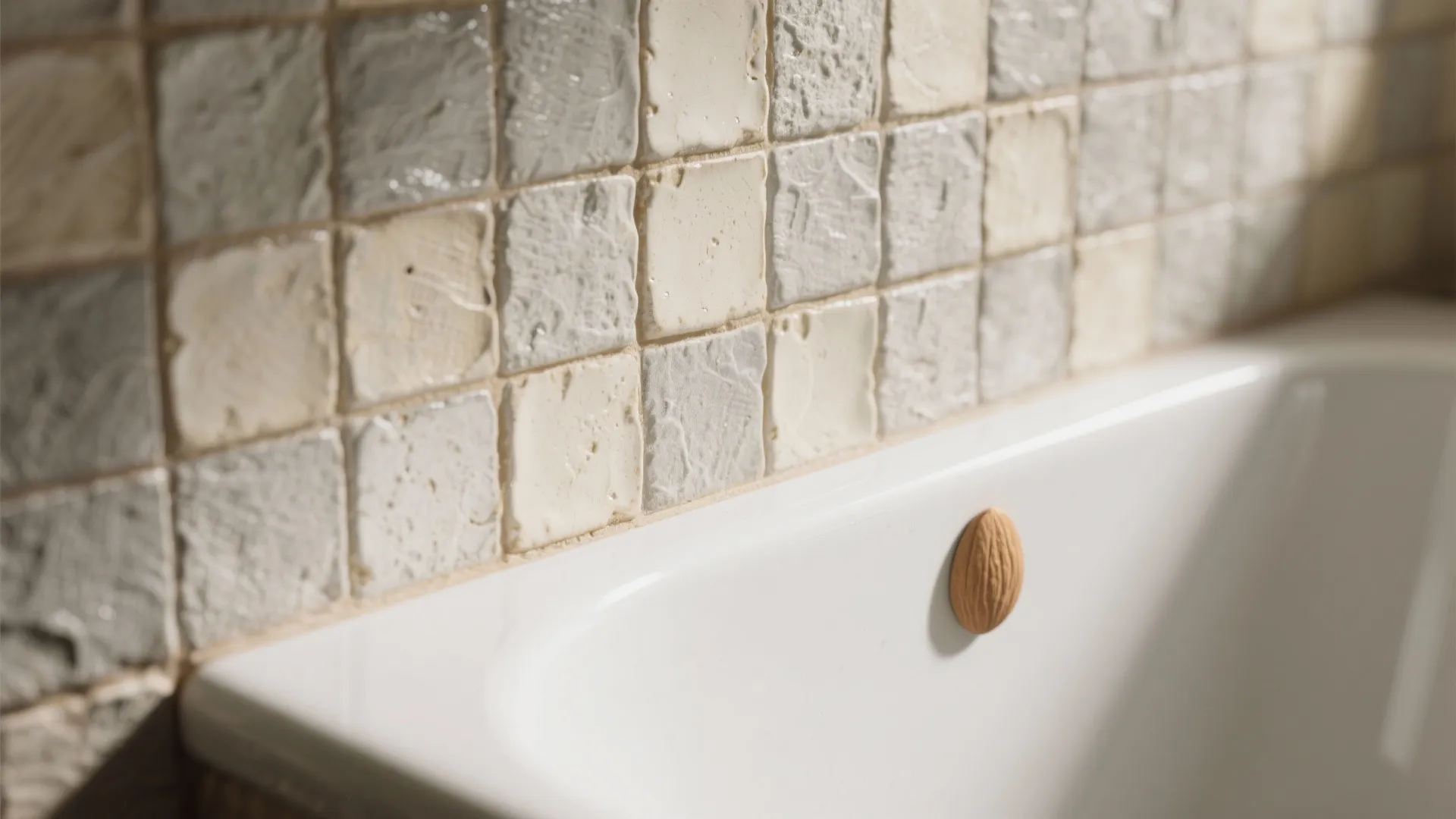 Close up of small textured grey and white wall tiles above a clean white bathtub