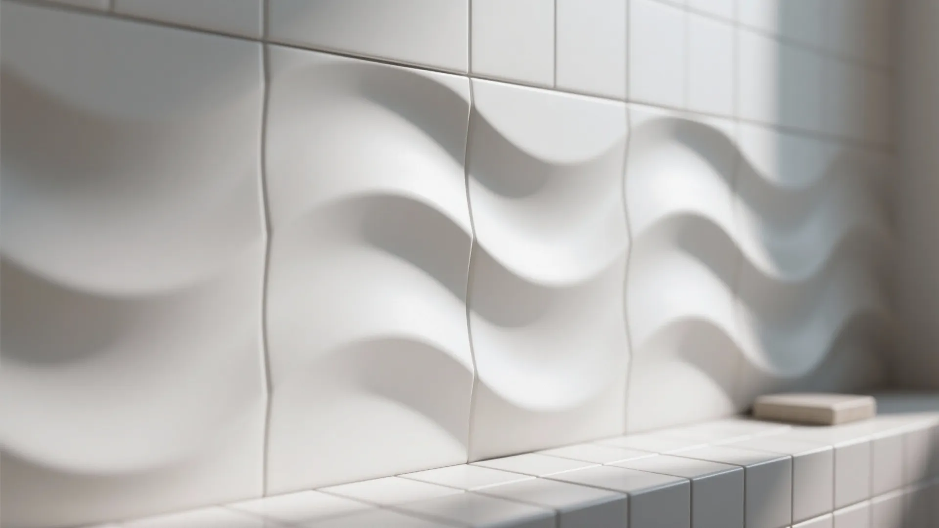 White 3D wave wall tiles in a bathroom with soft lighting and clean modern style