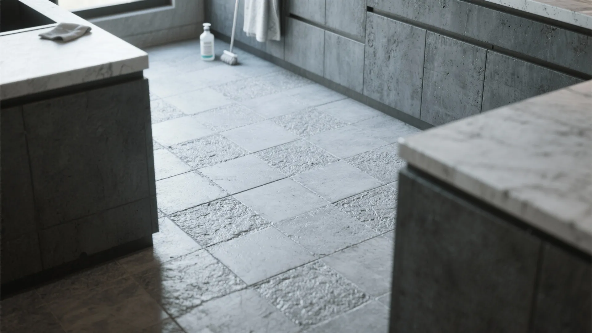 Close up of grey textured floor tiles in a bathroom with dark grey wood cabinet
