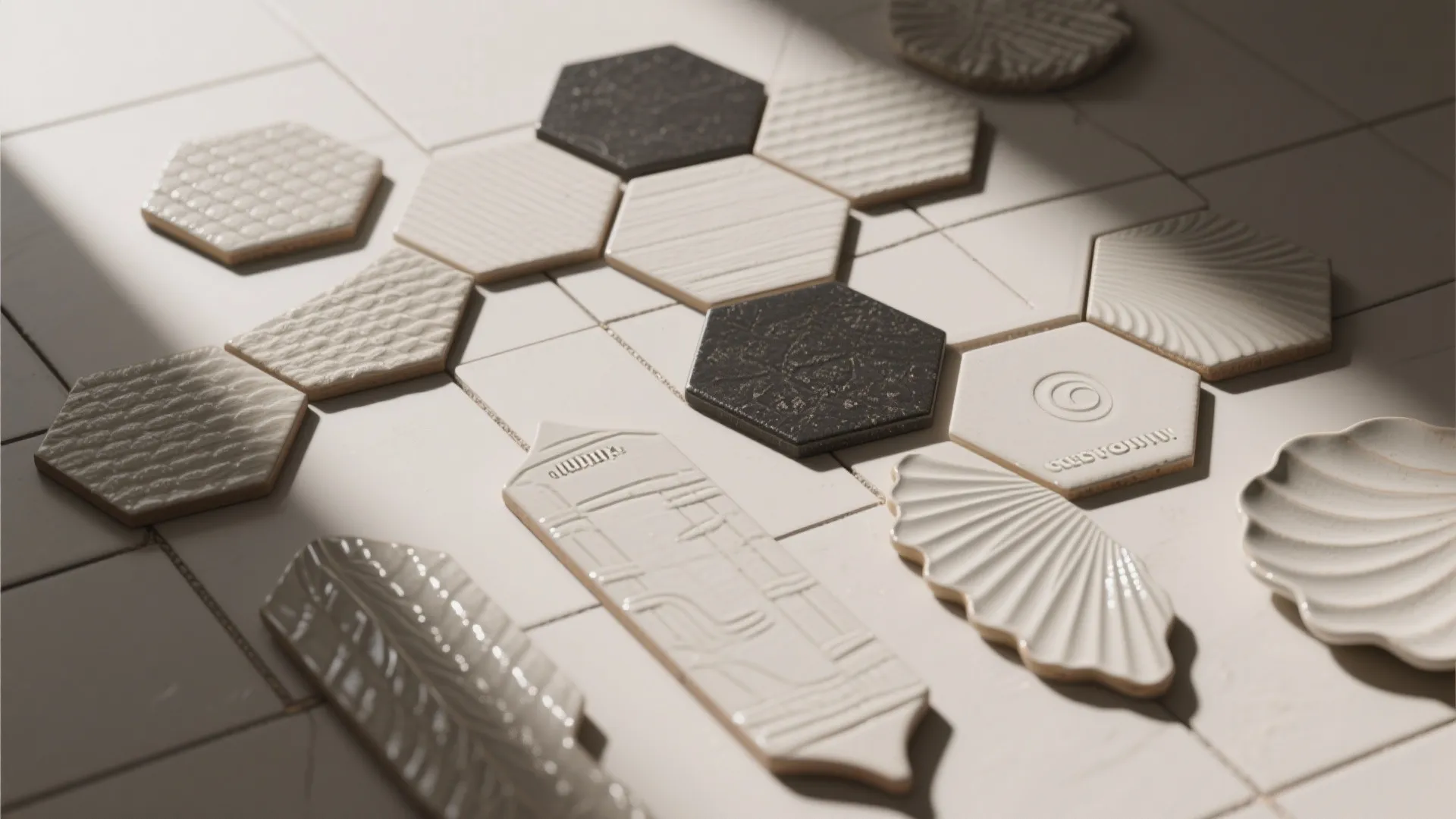 Various textured wall tiles in hexagon and shell shapes displayed on a neutral floor surface