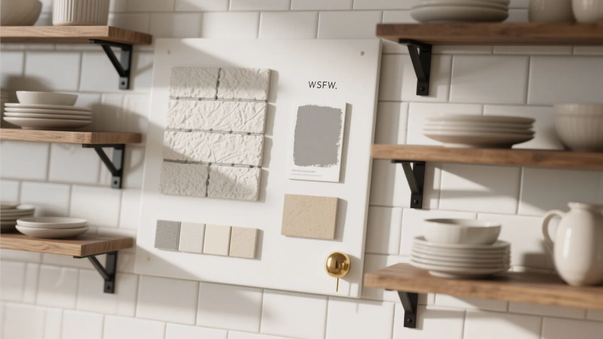 5. Textured White Tiles and Open Shelving