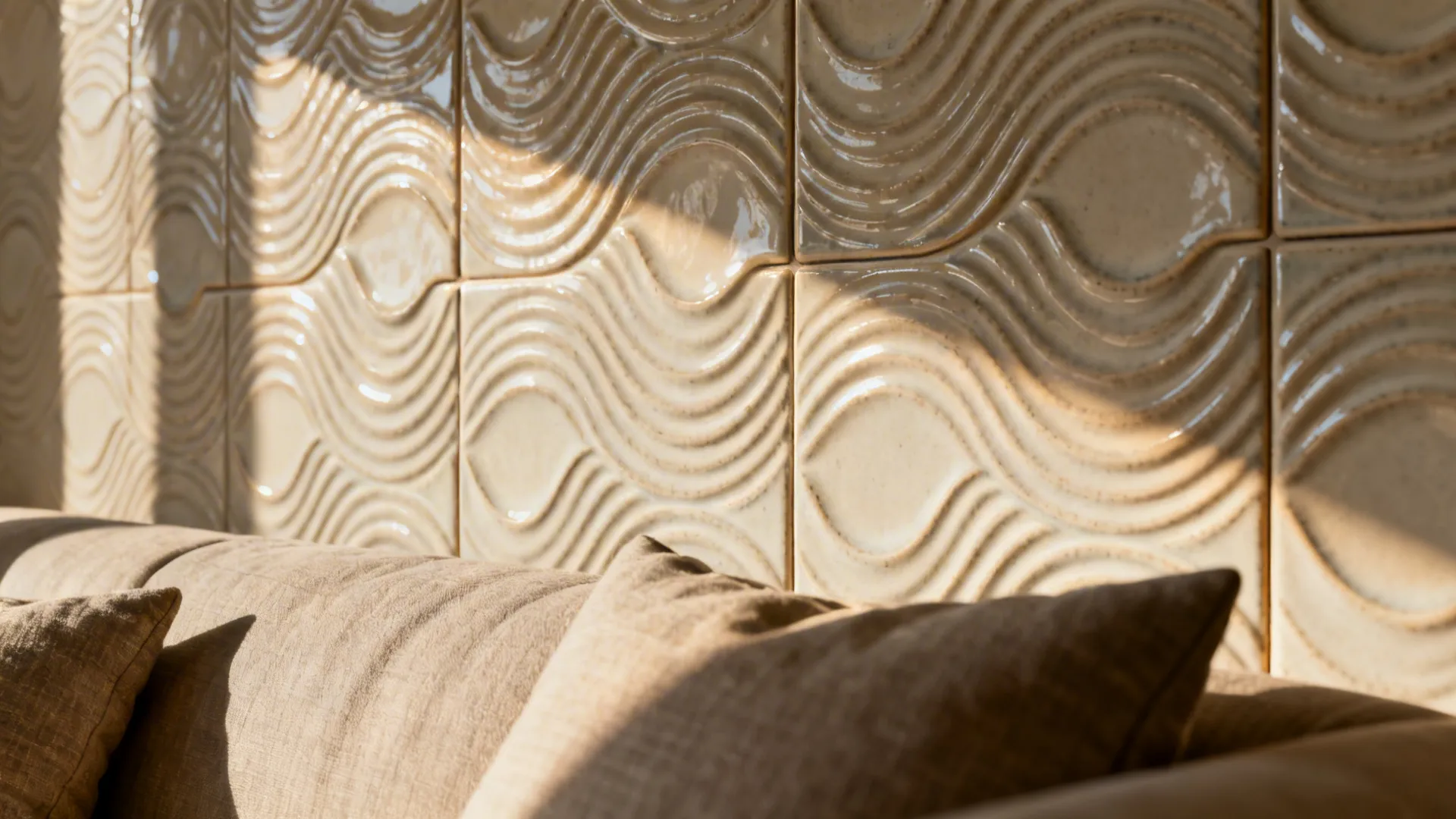 Close-up of 3D wave textured ceramic tiles with soft daylight highlighting the relief