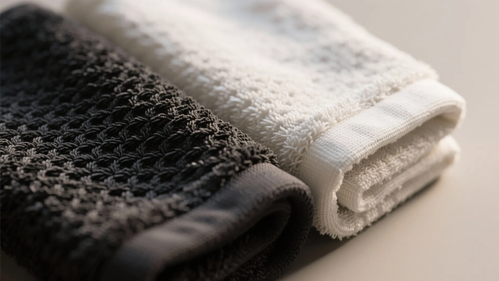 Close up view of a folded dark grey textured towel beside a soft white towel