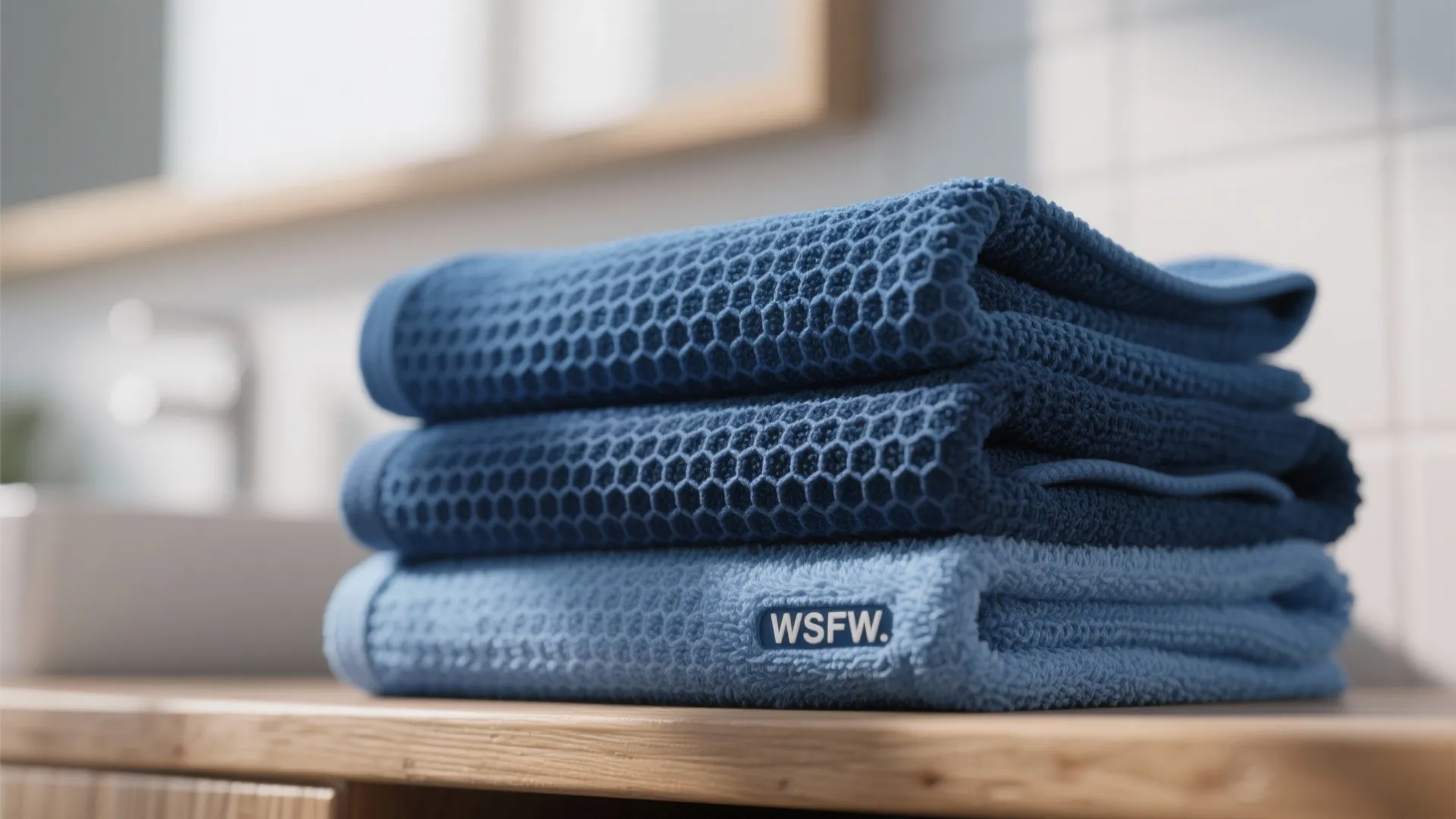 Stack of three textured blue bathroom towels on a wooden shelf in a bright bathroom