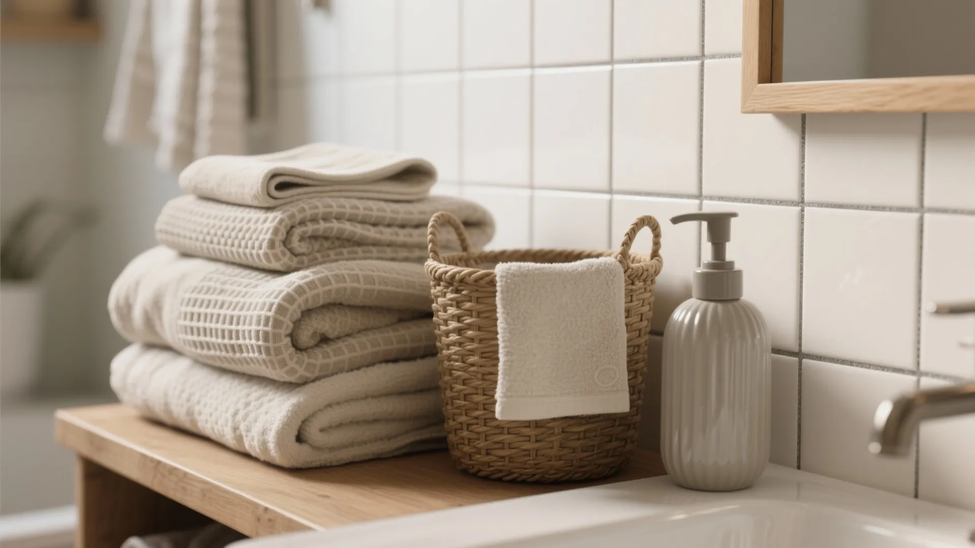 Close-up of textured towels, woven basket and matte ceramic accessories on a shelf against white tiles